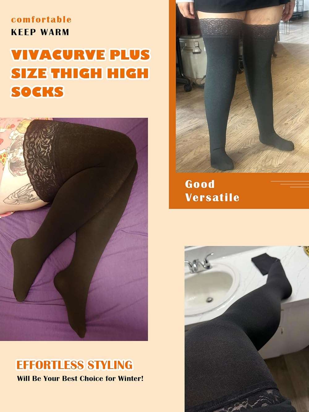 VivaCurve Plus Size Thigh High Socks for Women Fleece Lined Extra Long Over the Knee Stockings Leg Warmers Boot Socks - Image 5
