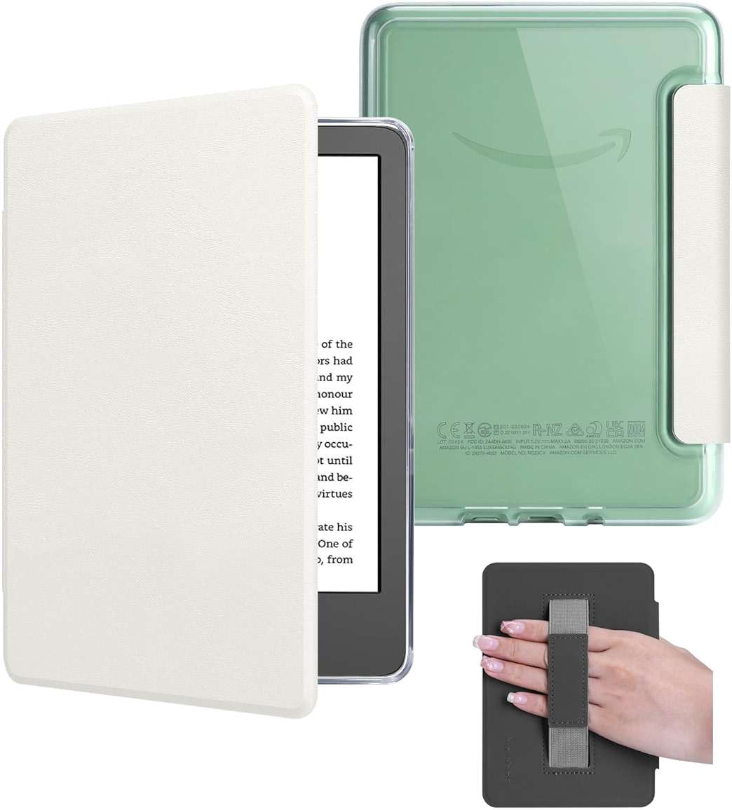 HOICHOE Case for 6" Kindle 2024/2022 Release (11 Generation), Light PU Leather Cover and Transparent Hard Back Shell with Hand Strap, Auto Sleep/Wake, Creamy White - Image 1