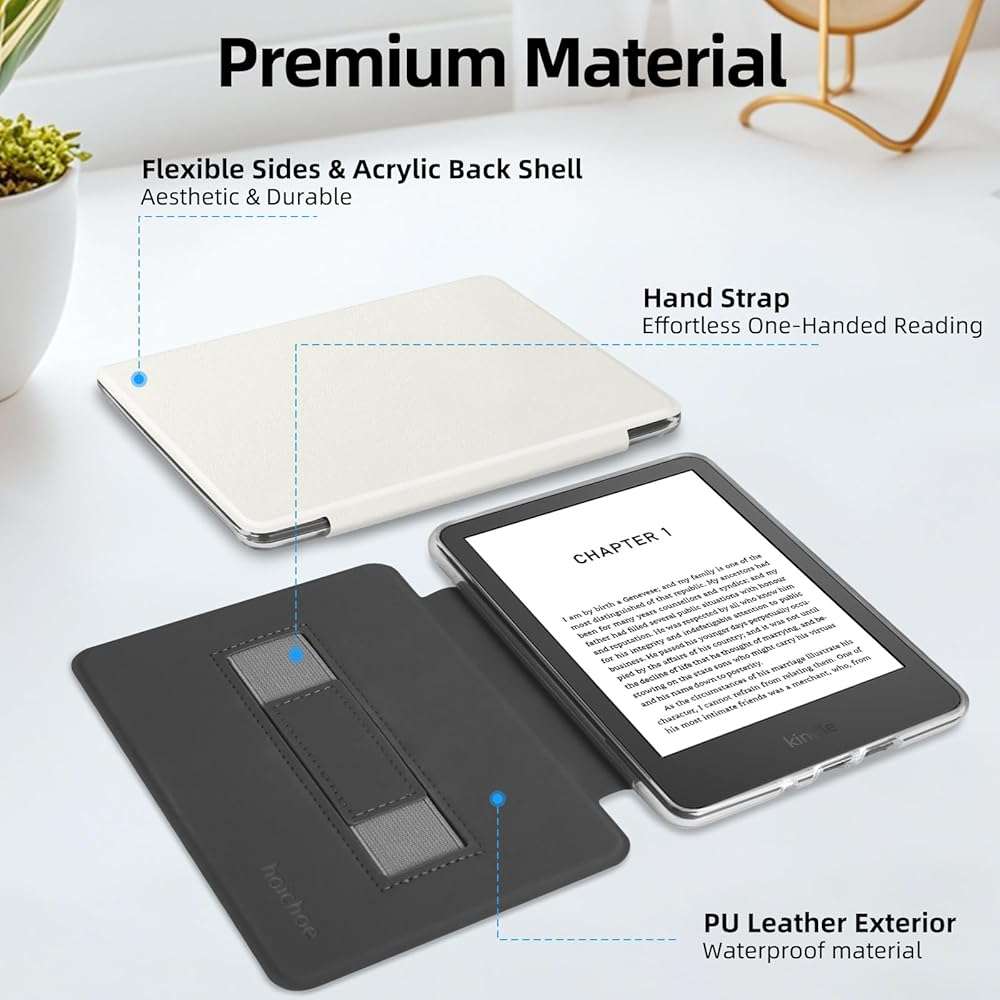 HOICHOE Case for 6" Kindle 2024/2022 Release (11 Generation), Light PU Leather Cover and Transparent Hard Back Shell with Hand Strap, Auto Sleep/Wake, Creamy White - Image 4