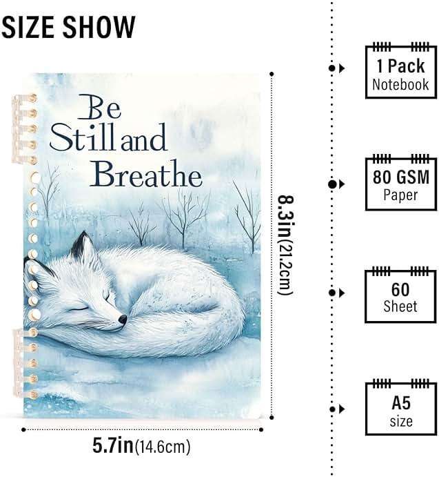 OSYWENRY Spiral Notebook Journal for Work A5 60 Sheets 120 Pages, Peaceful Breath Arctic Fox Notebook for School Notes 8.3x5.7 in, Set of 1 - Image 3
