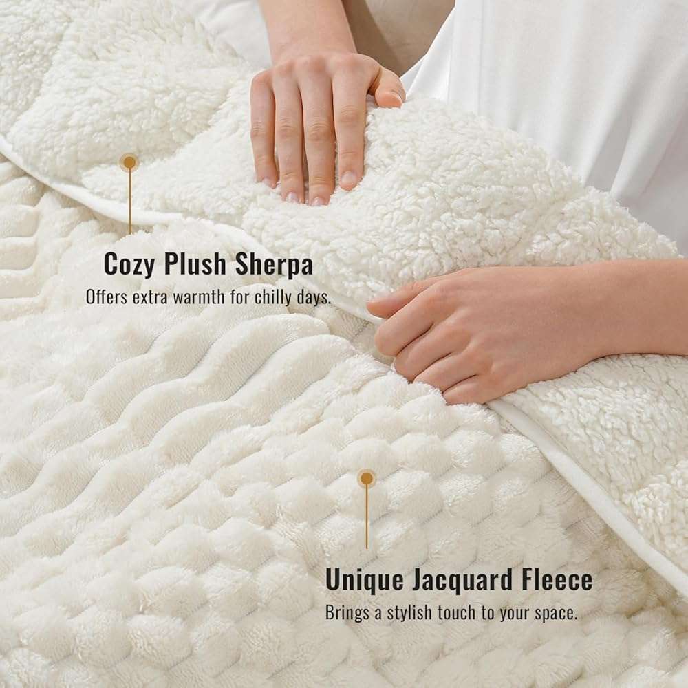 Uttermara Weighted Blanket for Adults Queen Size 15lbs, Soft Cozy Sherpa Fleece Heavy Blanket for Sleep and Calm, Fuzzy Warm Jacquard Bed Blanket, 60 x 80 Inches, Cream White - Image 2