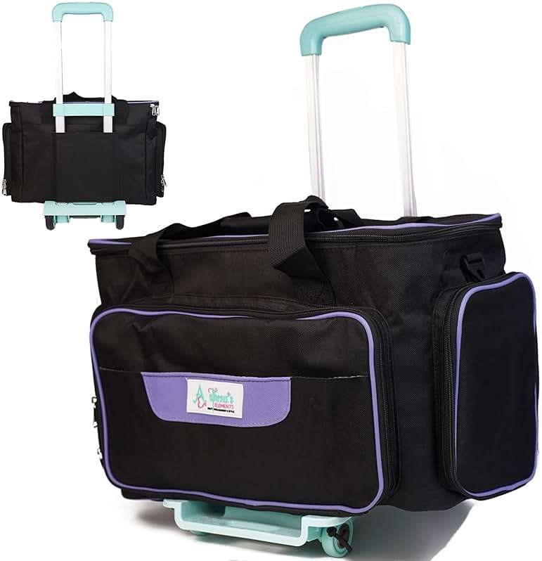 Athena's Rolling Sewing Machine Case with 4 Wheels, Sewing Machine Carrying Case, Black with Purple Trim, Detachable Rolling Dolly, Multiple Storage Compartments, Standard Size (Jet Black) - Image 1