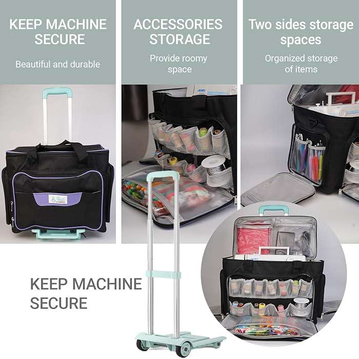 Athena's Rolling Sewing Machine Case with 4 Wheels, Sewing Machine Carrying Case, Black with Purple Trim, Detachable Rolling Dolly, Multiple Storage Compartments, Standard Size (Jet Black) - Image 2
