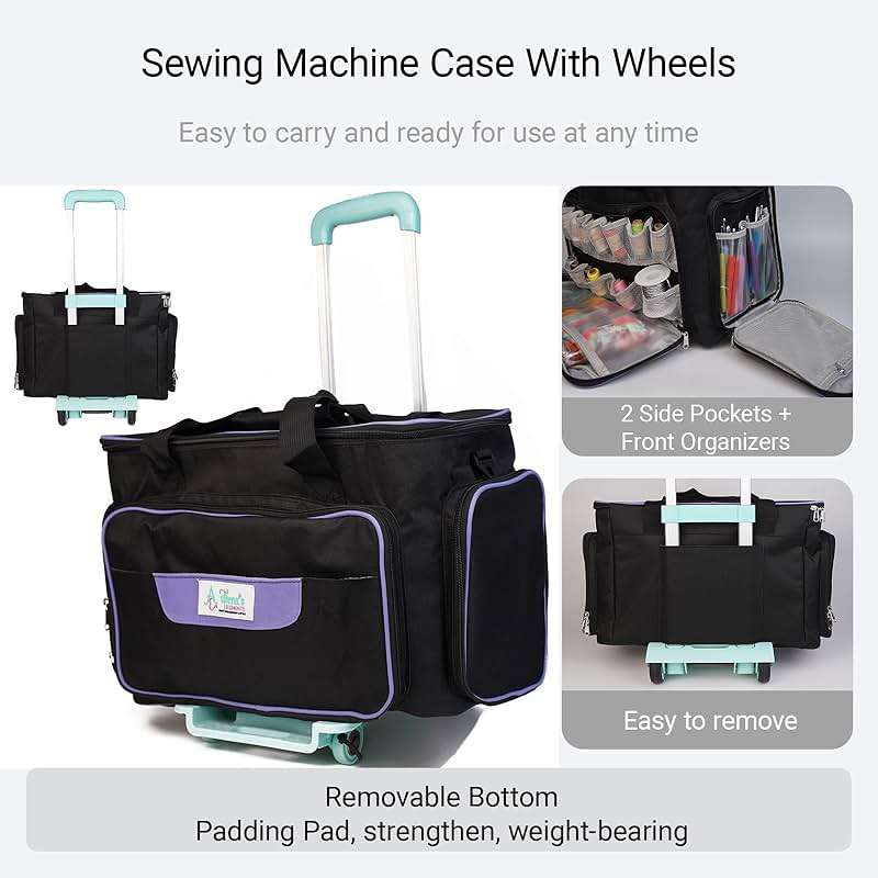 Athena's Rolling Sewing Machine Case with 4 Wheels, Sewing Machine Carrying Case, Black with Purple Trim, Detachable Rolling Dolly, Multiple Storage Compartments, Standard Size (Jet Black) - Image 4
