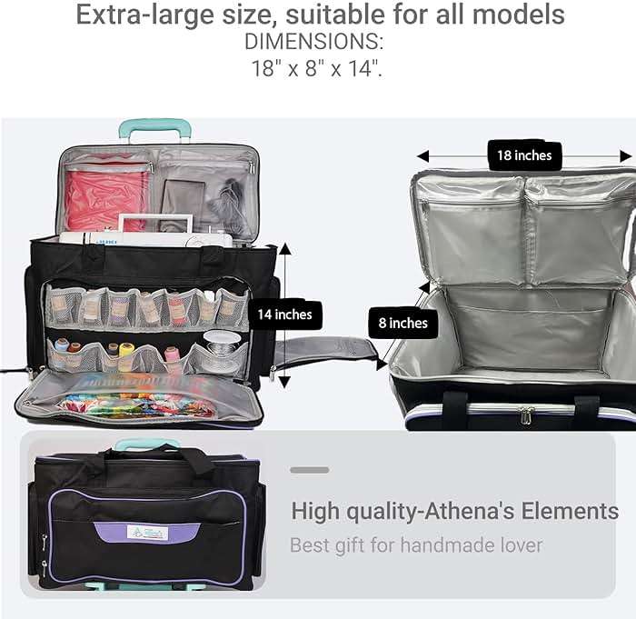 Athena's Rolling Sewing Machine Case with 4 Wheels, Sewing Machine Carrying Case, Black with Purple Trim, Detachable Rolling Dolly, Multiple Storage Compartments, Standard Size (Jet Black) - Image 5