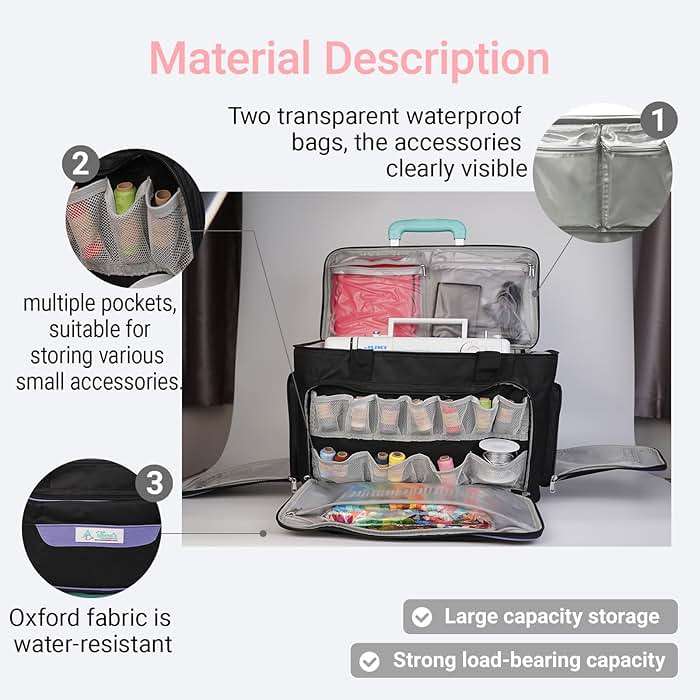 Athena's Rolling Sewing Machine Case with 4 Wheels, Sewing Machine Carrying Case, Black with Purple Trim, Detachable Rolling Dolly, Multiple Storage Compartments, Standard Size (Jet Black) - Image 6