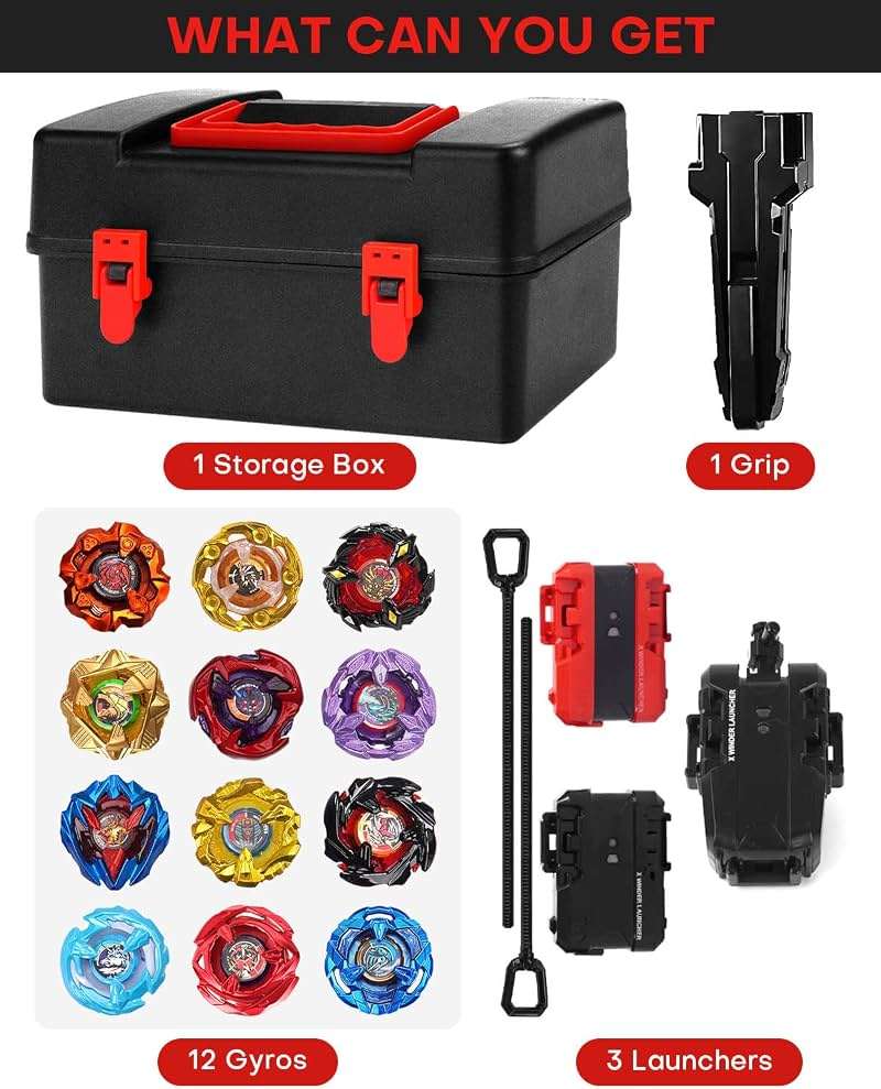 DEZAWRTY Gyro X Set, 12 Right Spinning X Blade Tops, 2 Ripcord Launchers, 1 String Launcher and 1 Grip with Storage Box, Battling Game Kids Toys Boys Birthday Gift Ideal for 6+ Years Old - Image 3
