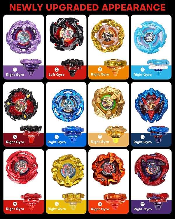 DEZAWRTY Gyro X Set, 12 Right Spinning X Blade Tops, 2 Ripcord Launchers, 1 String Launcher and 1 Grip with Storage Box, Battling Game Kids Toys Boys Birthday Gift Ideal for 6+ Years Old - Image 8