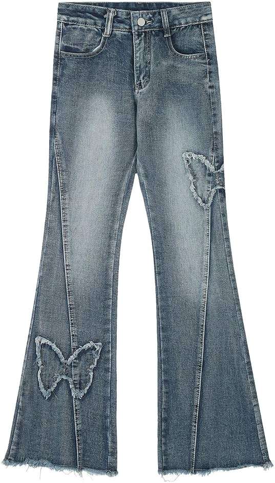ZUNQKG Womens Y2k Butterfly Flare Jeans Low Rise Grunge Clothes Distressed Vintage Denim Bell Bottom - Image 2