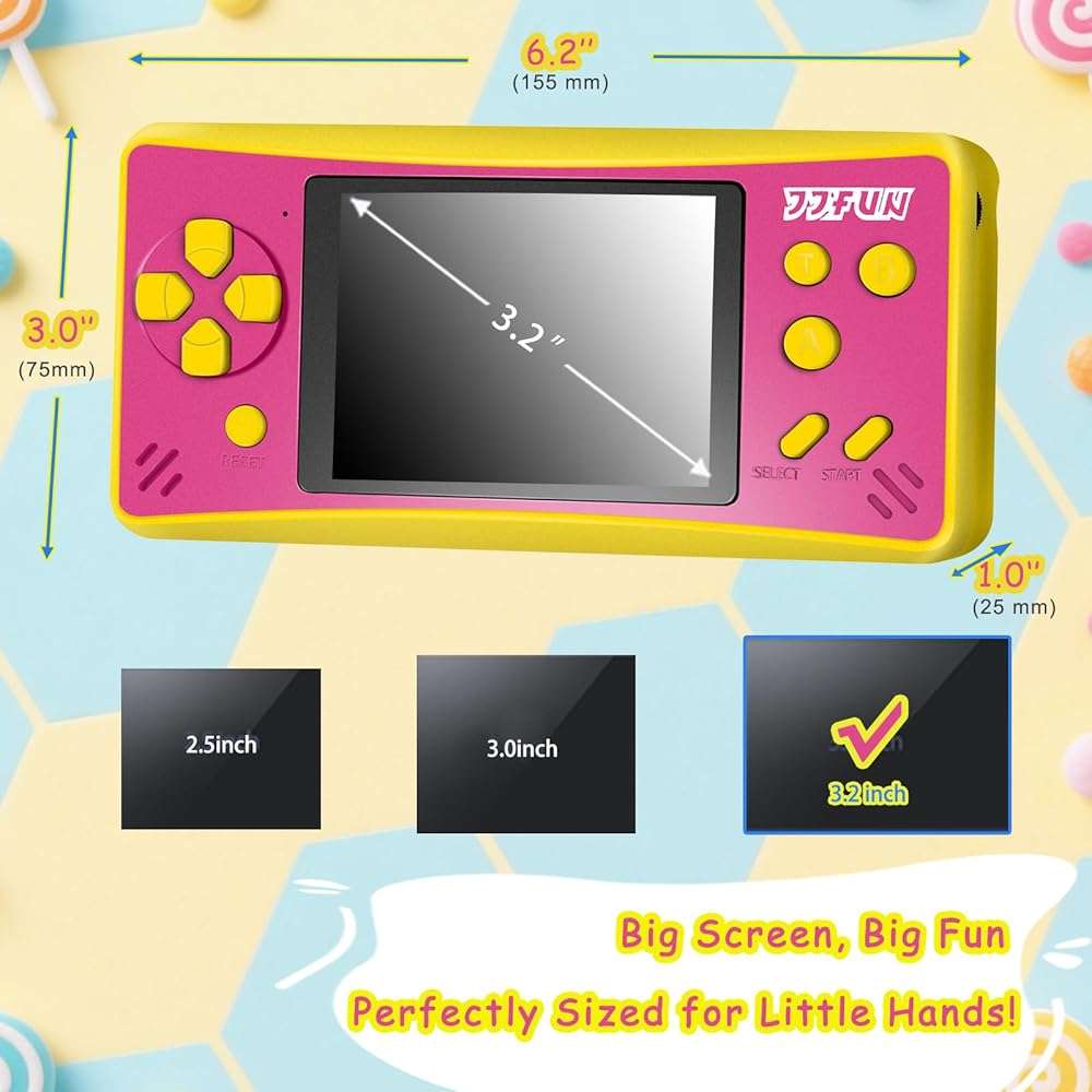 JJFUN Portable Game Console for Kids – 3.2" Screen, 168 Built-in Classic Games, Plug & Play on TV, Rechargeable, Ideal Gift for Boys & Girls, Great for Travel, Holidays & Birthdays - Image 2
