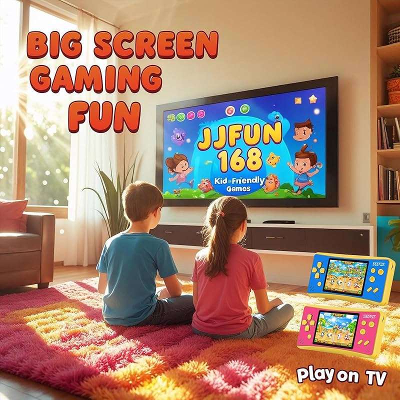 JJFUN Portable Game Console for Kids – 3.2" Screen, 168 Built-in Classic Games, Plug & Play on TV, Rechargeable, Ideal Gift for Boys & Girls, Great for Travel, Holidays & Birthdays - Image 5