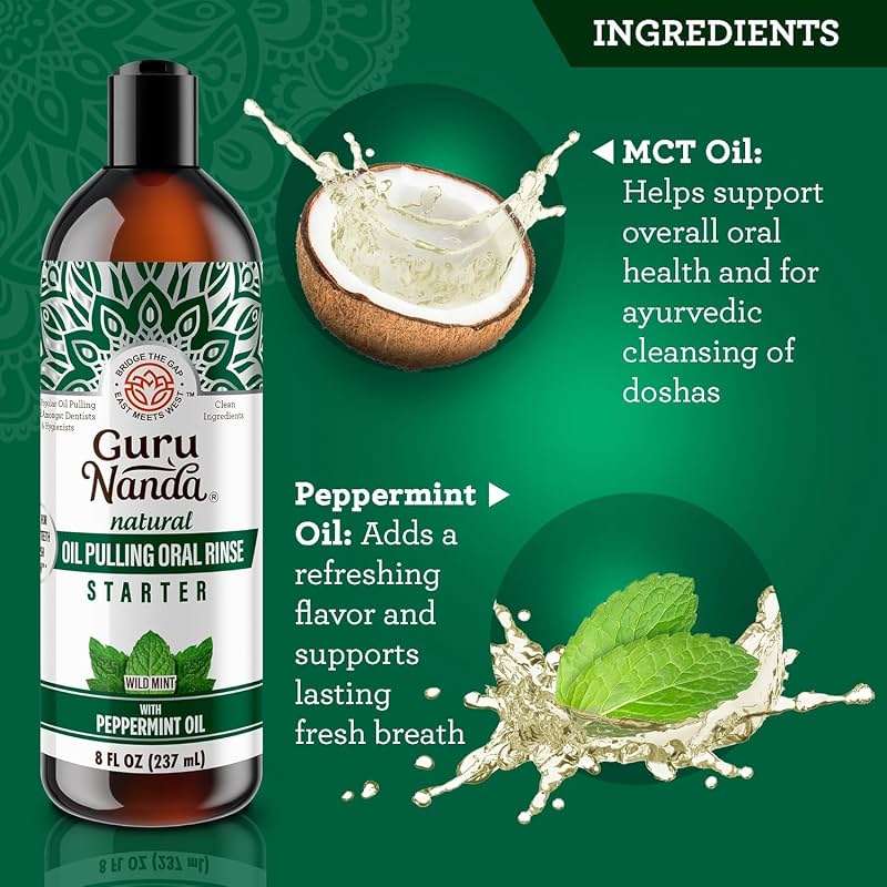 GuruNanda Starter Pulling Oil Mouthwash for Natural Teeth Whitening, Coconut and Peppermint Oil for Fresh Breath & Happy Gums, Alcohol-Free, 8 Oz - Image 2