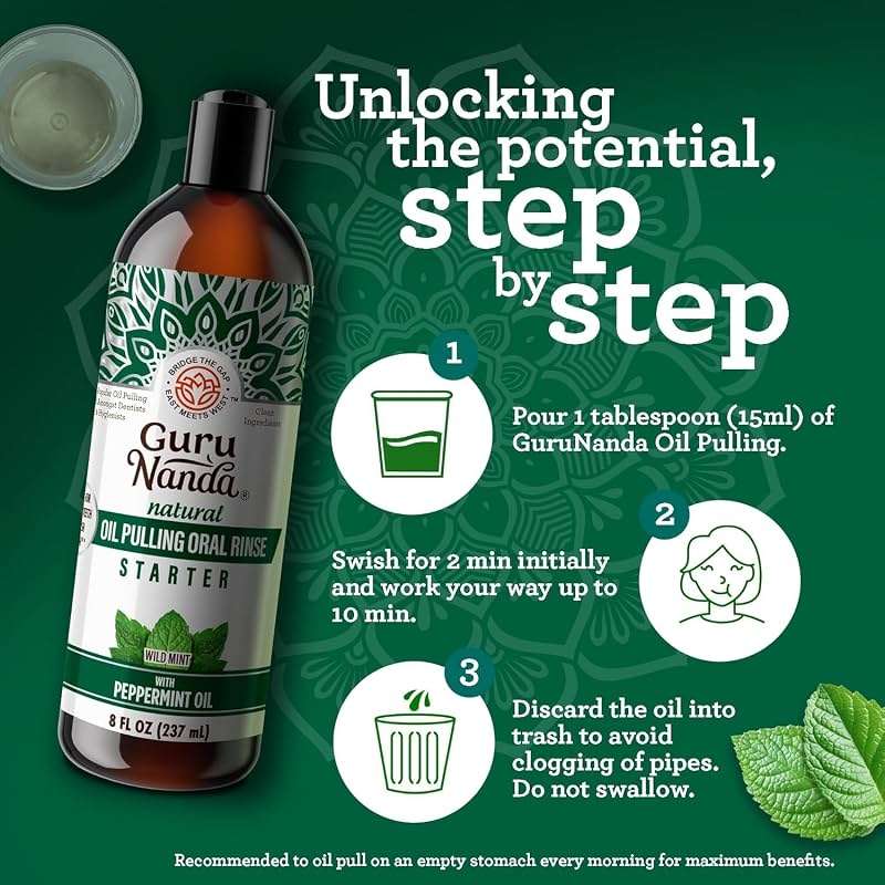 GuruNanda Starter Pulling Oil Mouthwash for Natural Teeth Whitening, Coconut and Peppermint Oil for Fresh Breath & Happy Gums, Alcohol-Free, 8 Oz - Image 5
