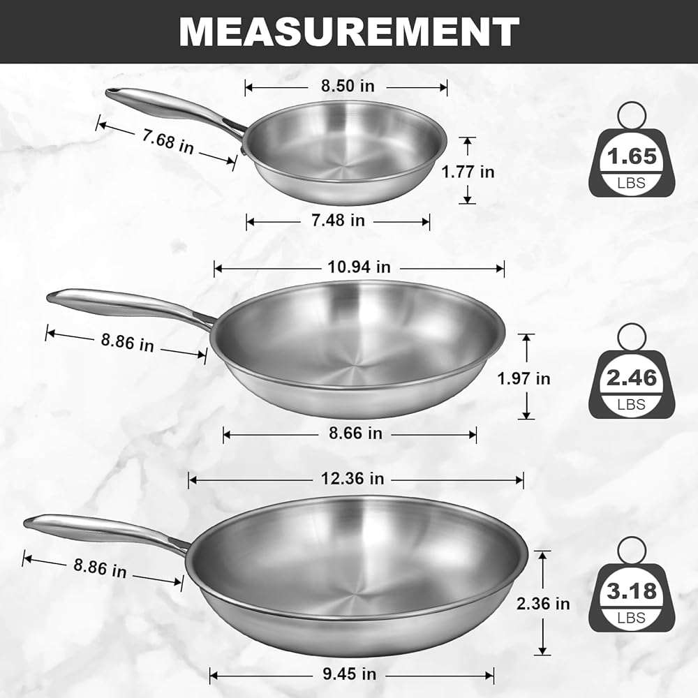 EWFEN Tri-Ply Stainless Steel Frying Pans Set, 8”/10”/12” Cooking pans, PFOA&PTFE Free Skillet, Induction Cooking Pan, Dishwasher and Oven Safe, Fast & Even Heat, Heavy Duty and Detachable Handle - Image 2