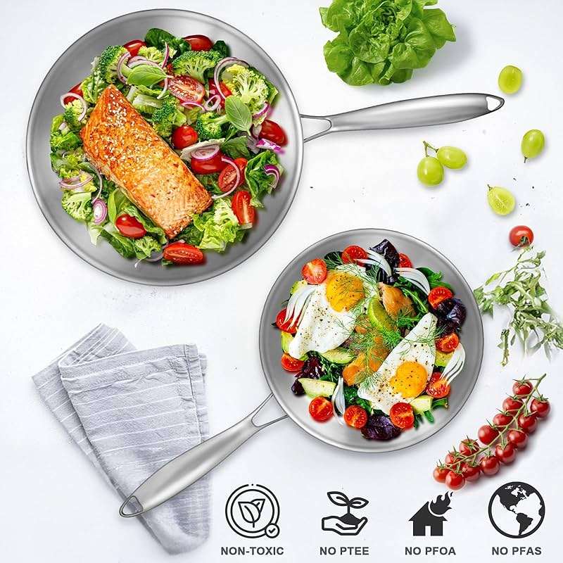 EWFEN Tri-Ply Stainless Steel Frying Pans Set, 8”/10”/12” Cooking pans, PFOA&PTFE Free Skillet, Induction Cooking Pan, Dishwasher and Oven Safe, Fast & Even Heat, Heavy Duty and Detachable Handle - Image 4