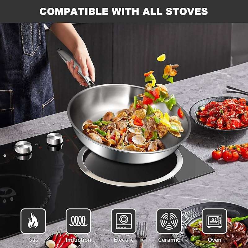 EWFEN Tri-Ply Stainless Steel Frying Pans Set, 8”/10”/12” Cooking pans, PFOA&PTFE Free Skillet, Induction Cooking Pan, Dishwasher and Oven Safe, Fast & Even Heat, Heavy Duty and Detachable Handle - Image 5