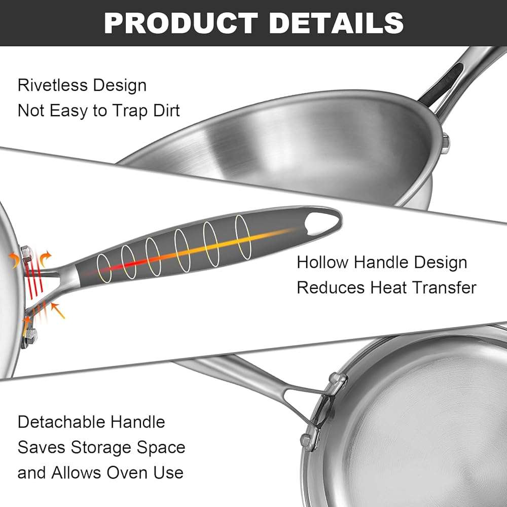 EWFEN Tri-Ply Stainless Steel Frying Pans Set, 8”/10”/12” Cooking pans, PFOA&PTFE Free Skillet, Induction Cooking Pan, Dishwasher and Oven Safe, Fast & Even Heat, Heavy Duty and Detachable Handle - Image 6