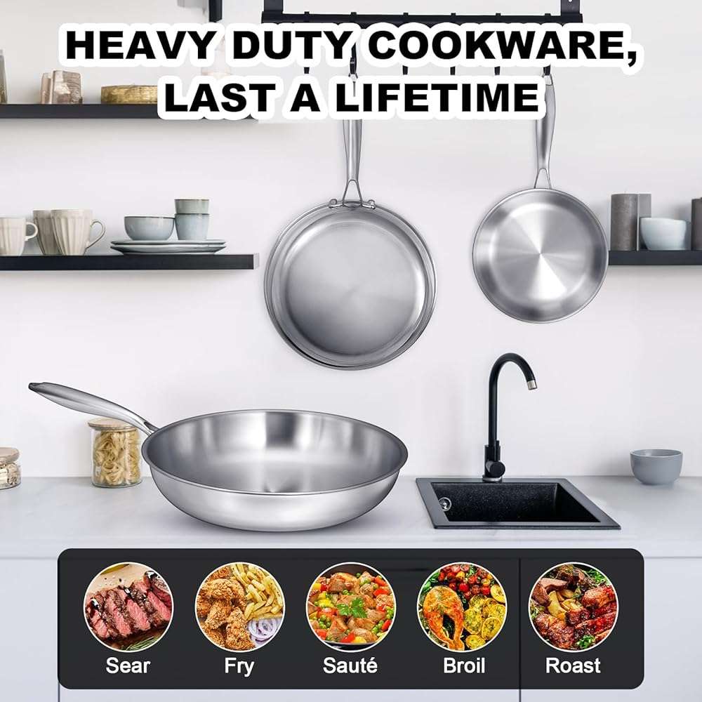 EWFEN Tri-Ply Stainless Steel Frying Pans Set, 8”/10”/12” Cooking pans, PFOA&PTFE Free Skillet, Induction Cooking Pan, Dishwasher and Oven Safe, Fast & Even Heat, Heavy Duty and Detachable Handle - Image 7