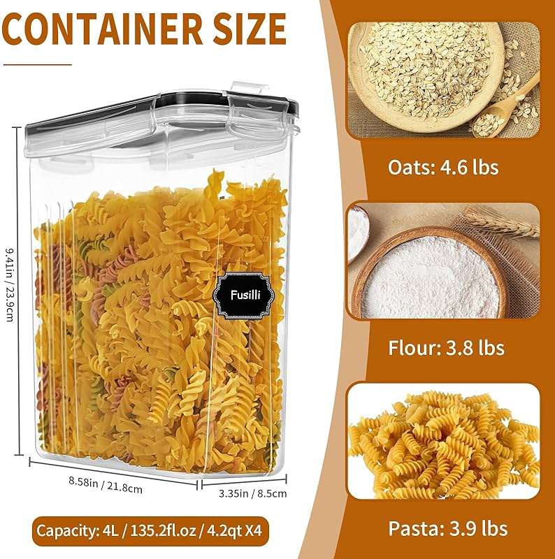 Cereal Containers Storage Set (4L / 135.2oz), 4PCS Airtight Food Storage Containers with Lids, Cereal Dispensers for Kitchen Pantry Organization and Storage with Pour Spout, 20 Labels, Marker - Image 2