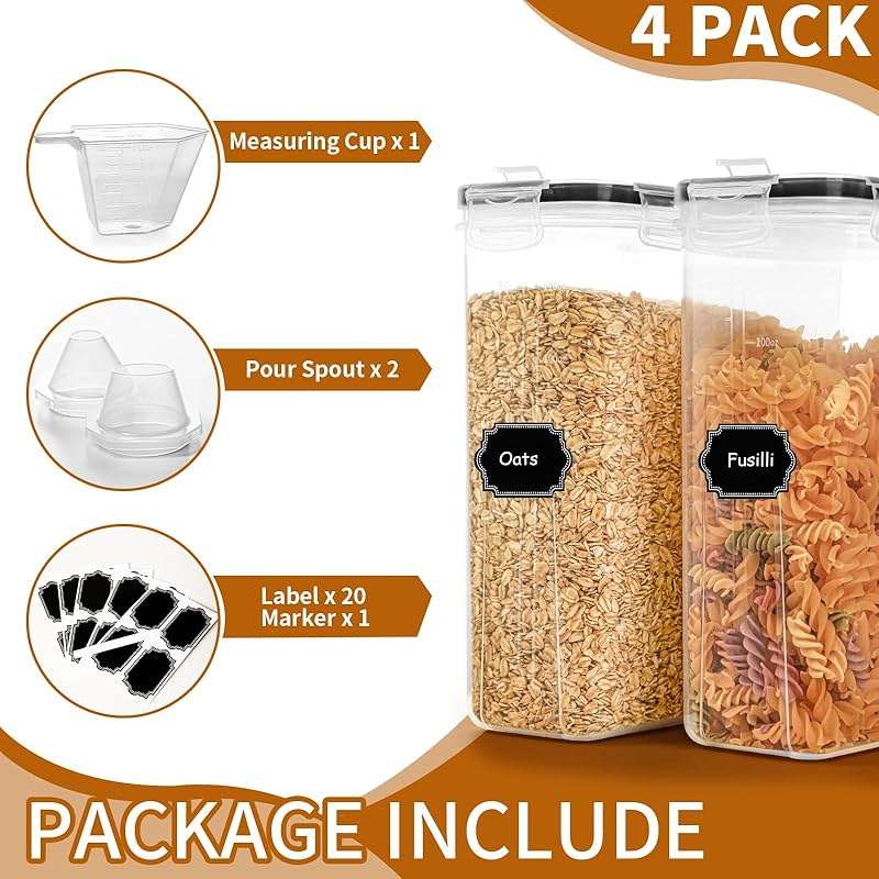 Cereal Containers Storage Set (4L / 135.2oz), 4PCS Airtight Food Storage Containers with Lids, Cereal Dispensers for Kitchen Pantry Organization and Storage with Pour Spout, 20 Labels, Marker - Image 4