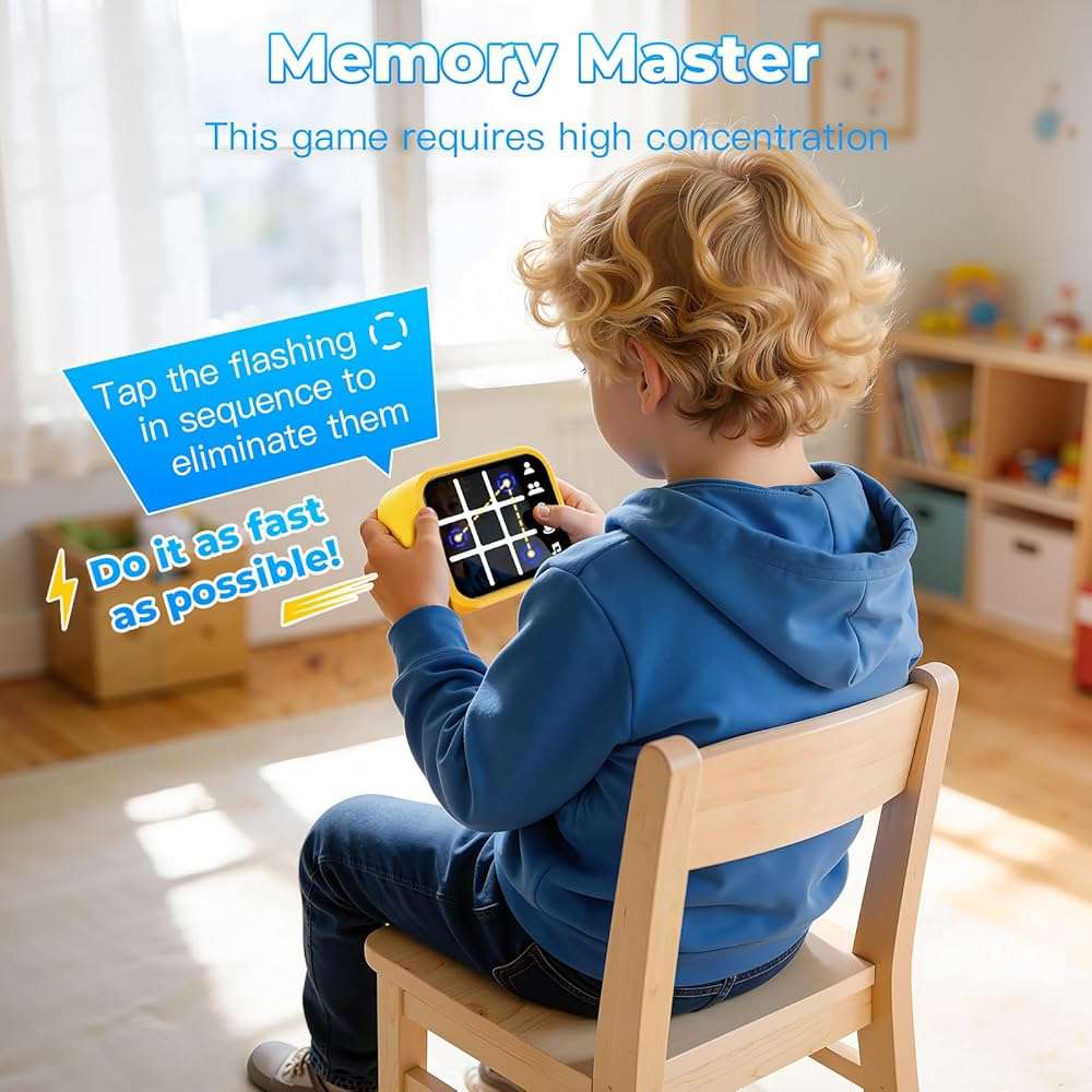 Niufuntek Rechargeable Tic Tac Toe Game Box with 5 Fun Brain Memory Games, Electronic Touchscreen Handheld Game, Portable Digital Puzzle Board Travel Toy, Gifts Choice for Kids and Adults(Yellow) - Image 7