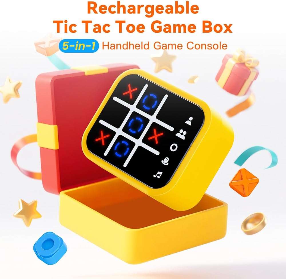 Niufuntek Rechargeable Tic Tac Toe Game Box with 5 Fun Brain Memory Games, Electronic Touchscreen Handheld Game, Portable Digital Puzzle Board Travel Toy, Gifts Choice for Kids and Adults(Yellow) - Image 9