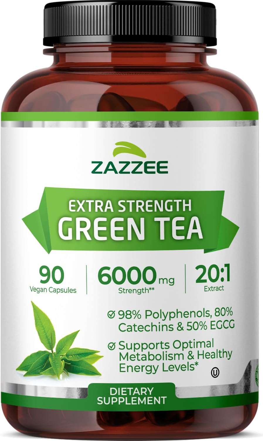Zazzee Extra Strength Green Tea 20:1 Extract, 50% EGCG, 98% Polyphenols, 80% Catechins, 90 Vegan Capsules, 3 Month Supply, Certified Kosher, Antioxidant & Metabolism Support, Non-GMO, Made in the USA - Image 1