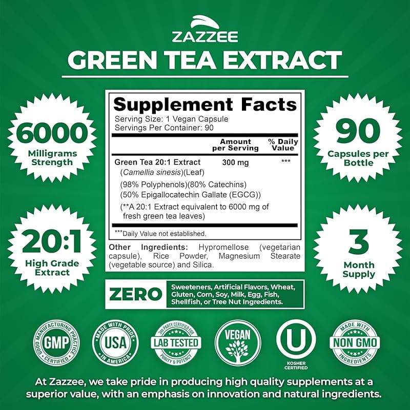 Zazzee Extra Strength Green Tea 20:1 Extract, 50% EGCG, 98% Polyphenols, 80% Catechins, 90 Vegan Capsules, 3 Month Supply, Certified Kosher, Antioxidant & Metabolism Support, Non-GMO, Made in the USA - Image 2