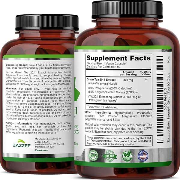 Zazzee Extra Strength Green Tea 20:1 Extract, 50% EGCG, 98% Polyphenols, 80% Catechins, 90 Vegan Capsules, 3 Month Supply, Certified Kosher, Antioxidant & Metabolism Support, Non-GMO, Made in the USA - Image 8