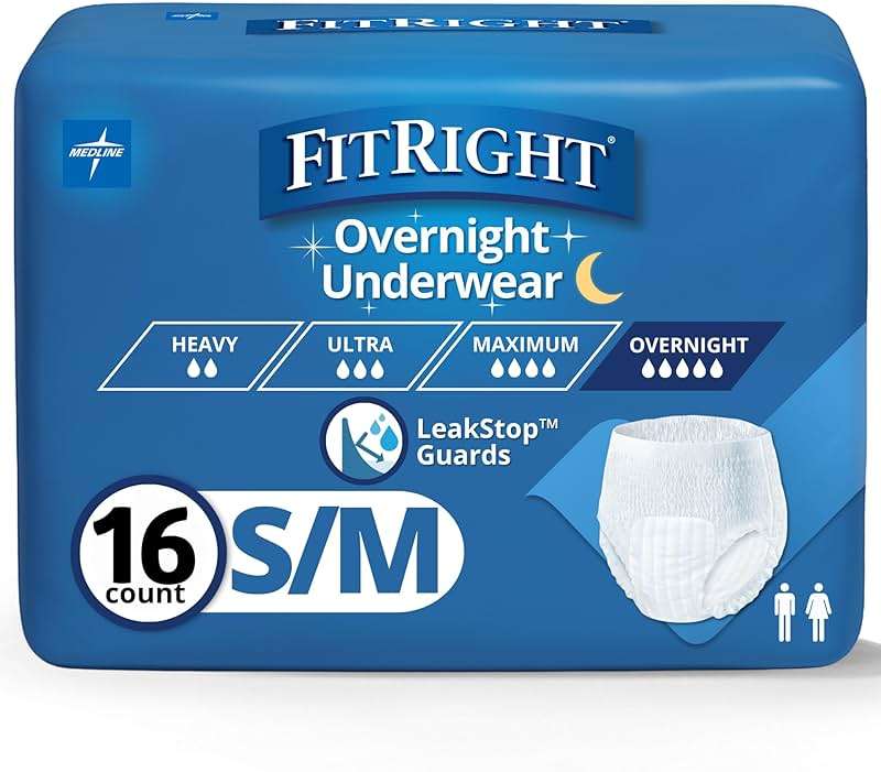 FitRight Overnight Unisex Underwear, Small/Medium (28-40 in Waist), 16 Count, Maximum All Night Disposable Incontinence Protection, Pull-On Absorbent Underwear for Men & Women, 1 Bag - Image 1
