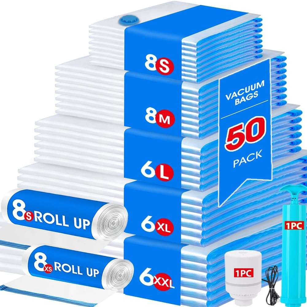 AROIC 50 Pack Vacuum Storage Bags, 5 Sizes + 2 Roll-up (8 Each) Space Saver Vacuum Sealer Bags for Clothing with 1 Electric Pump and 1 Hand Pump, Seasonal Storage Bags for Luggage, Travel Essentials - Image 1