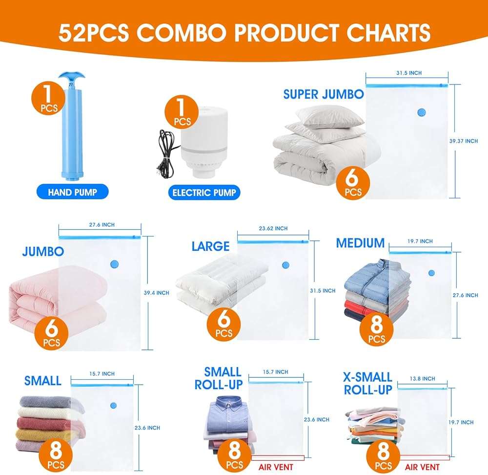 AROIC 50 Pack Vacuum Storage Bags, 5 Sizes + 2 Roll-up (8 Each) Space Saver Vacuum Sealer Bags for Clothing with 1 Electric Pump and 1 Hand Pump, Seasonal Storage Bags for Luggage, Travel Essentials - Image 2