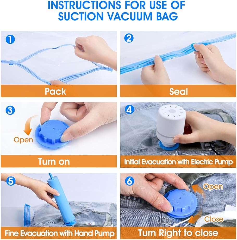 AROIC 50 Pack Vacuum Storage Bags, 5 Sizes + 2 Roll-up (8 Each) Space Saver Vacuum Sealer Bags for Clothing with 1 Electric Pump and 1 Hand Pump, Seasonal Storage Bags for Luggage, Travel Essentials - Image 3