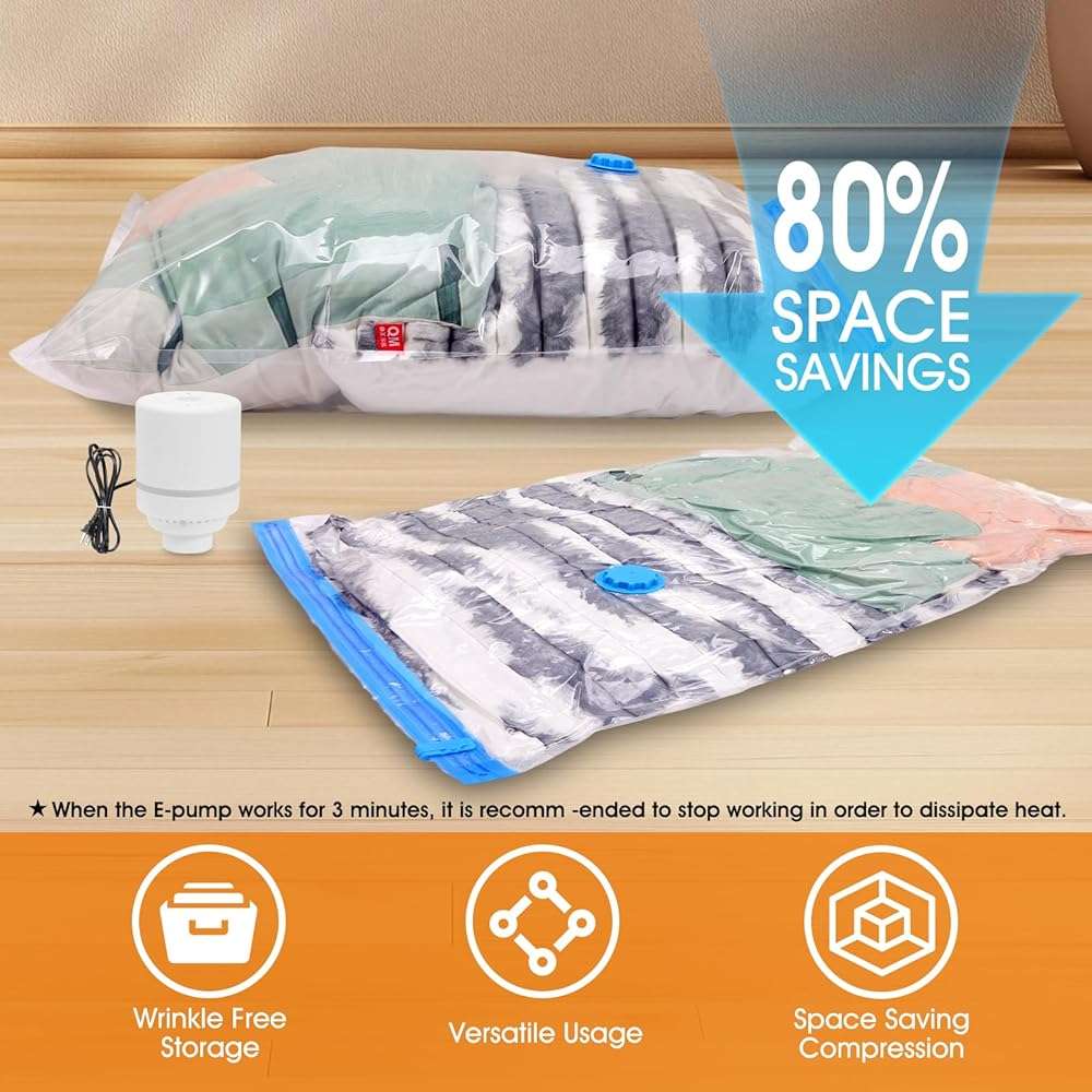 AROIC 50 Pack Vacuum Storage Bags, 5 Sizes + 2 Roll-up (8 Each) Space Saver Vacuum Sealer Bags for Clothing with 1 Electric Pump and 1 Hand Pump, Seasonal Storage Bags for Luggage, Travel Essentials - Image 5
