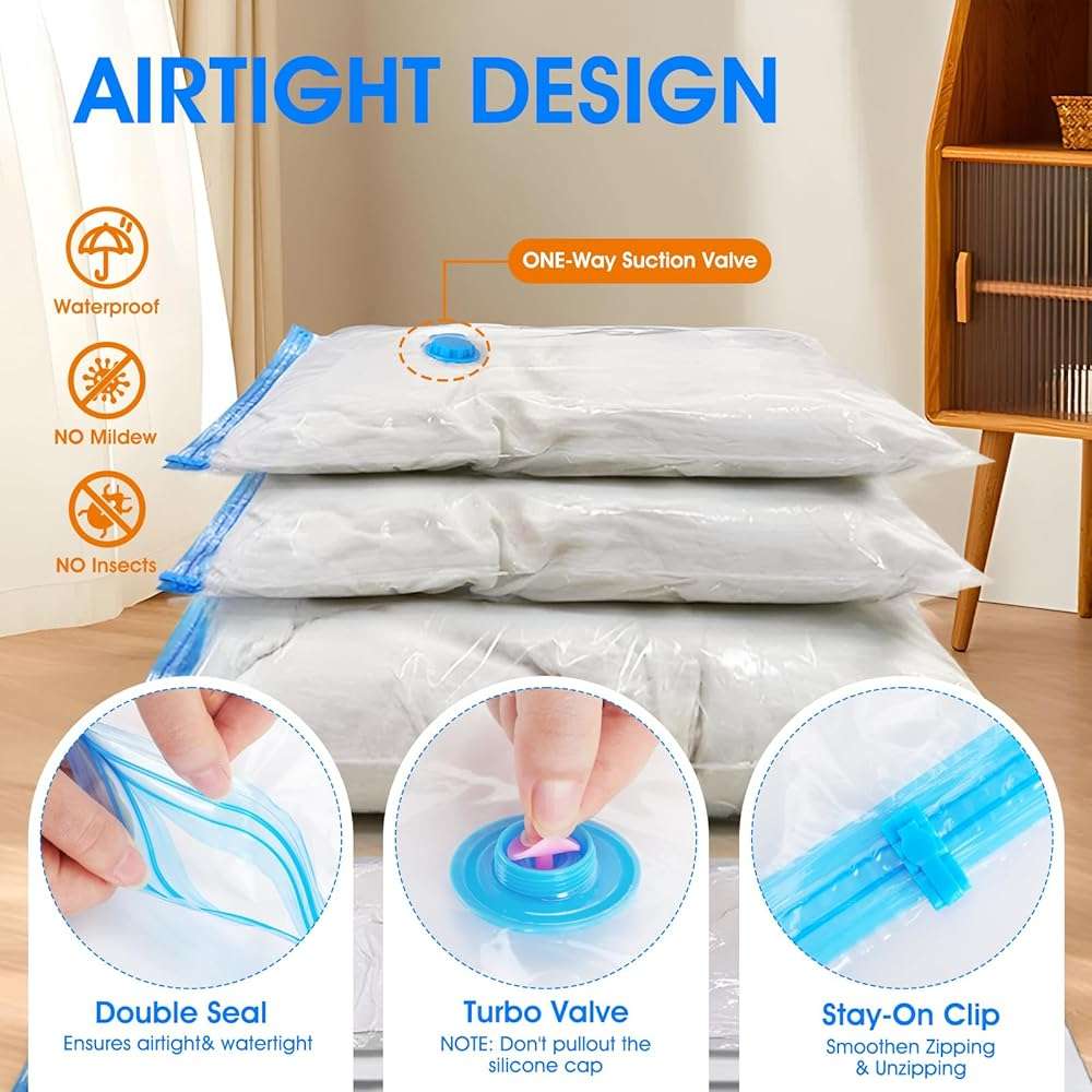 AROIC 50 Pack Vacuum Storage Bags, 5 Sizes + 2 Roll-up (8 Each) Space Saver Vacuum Sealer Bags for Clothing with 1 Electric Pump and 1 Hand Pump, Seasonal Storage Bags for Luggage, Travel Essentials - Image 6