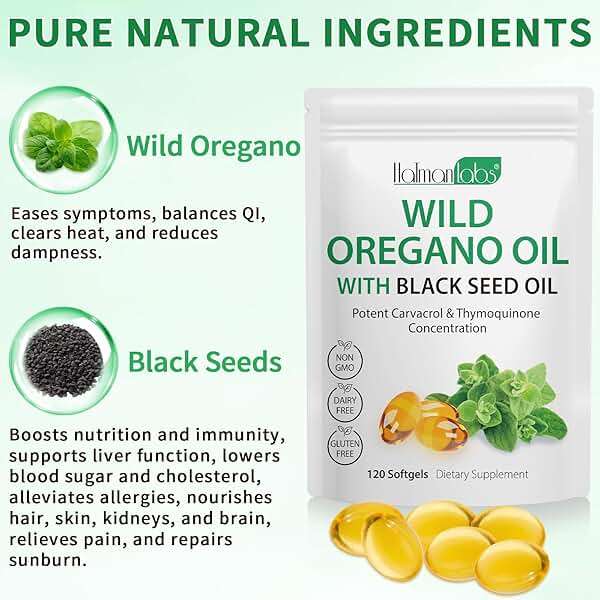 Oil of Oregano with Black Seed Oil, 6000mg Oregano Oil Capsules Organic, of Oregano Supplement Capsules, Natural Antioxidants, Non-GMO, Gluten Free, 120 Softgels - Image 3