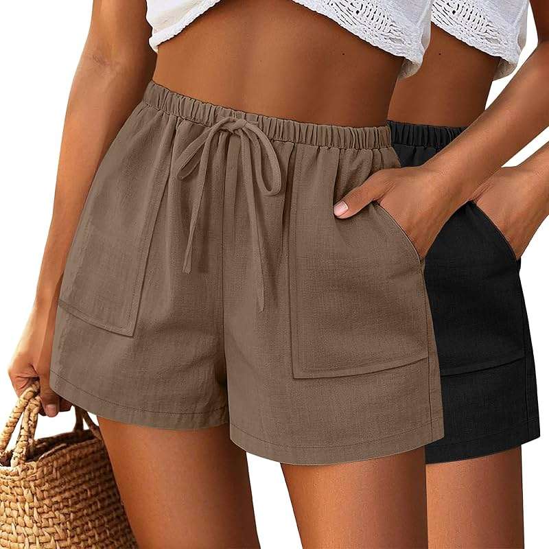 Riyiper 2 Pack Women's Linen Drawstring Elastic Waist Beach Casual Summer Wide Leg Shorts with Pockets 2026 - Image 1