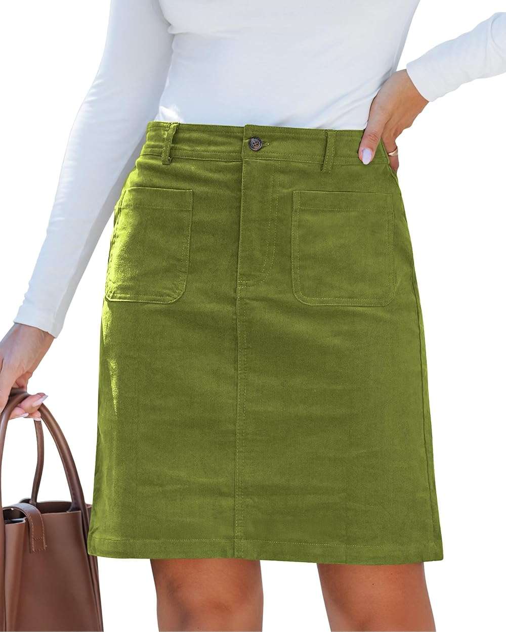 luvamia Corduroy Skirts for Women High Waisted Trendy Fall Elastic Waist Casual Stretchy Short Skirts with Patch Pockets - Image 1