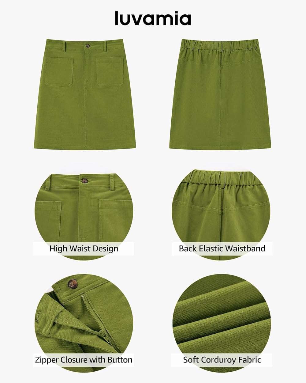 luvamia Corduroy Skirts for Women High Waisted Trendy Fall Elastic Waist Casual Stretchy Short Skirts with Patch Pockets - Image 4