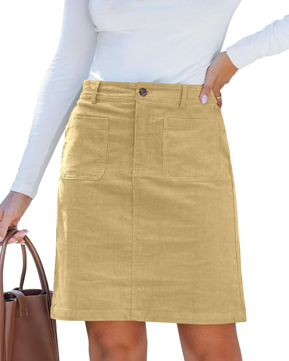 luvamia Corduroy Skirts for Women High Waisted Trendy Fall Elastic Waist Casual Stretchy Short Skirts with Patch Pockets - Image 1