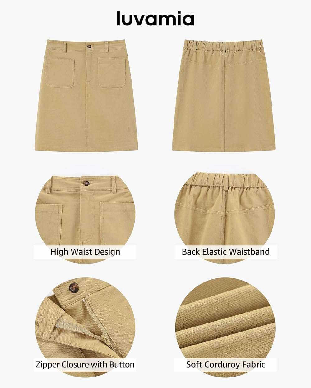 luvamia Corduroy Skirts for Women High Waisted Trendy Fall Elastic Waist Casual Stretchy Short Skirts with Patch Pockets - Image 5