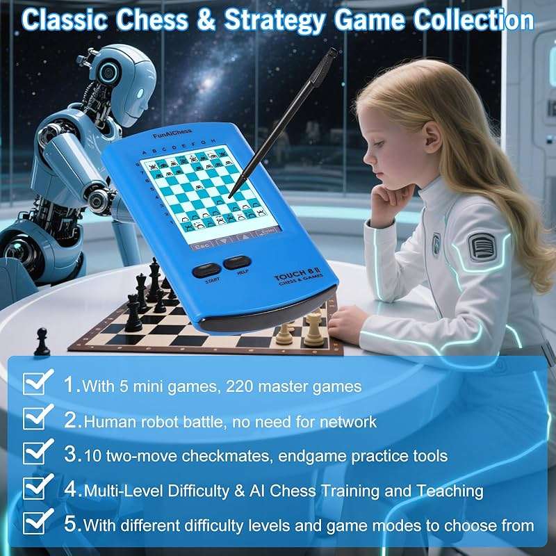 FunAiChess Handheld Electronic Chess Board 8 in 1 Touch Chess Computer Game Portable Electronic Chess Set for Adults, Kids,and Beginners Learn and Travel with Stylus Large LCD Display Gift(Blue) - Image 2