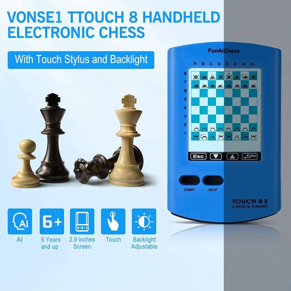 FunAiChess Handheld Electronic Chess Board 8 in 1 Touch Chess Computer Game Portable Electronic Chess Set for Adults, Kids,and Beginners Learn and Travel with Stylus Large LCD Display Gift(Blue) - Image 3