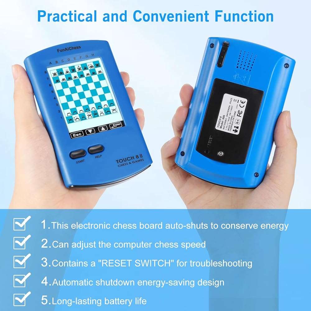 FunAiChess Handheld Electronic Chess Board 8 in 1 Touch Chess Computer Game Portable Electronic Chess Set for Adults, Kids,and Beginners Learn and Travel with Stylus Large LCD Display Gift(Blue) - Image 5