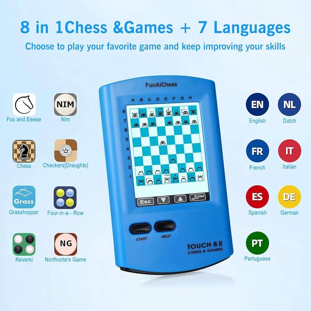 FunAiChess Handheld Electronic Chess Board 8 in 1 Touch Chess Computer Game Portable Electronic Chess Set for Adults, Kids,and Beginners Learn and Travel with Stylus Large LCD Display Gift(Blue) - Image 6