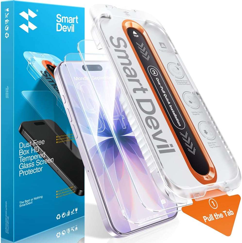 SMARTDEVIL 2 Pack Screen Protector for iPhone 17, 9H Hardness Military Grade Shatterproof HD Clear Tempered Glass, Easy to Install, Auto Bubble-Free and Dust-Free Box, Case Friendly - Image 1