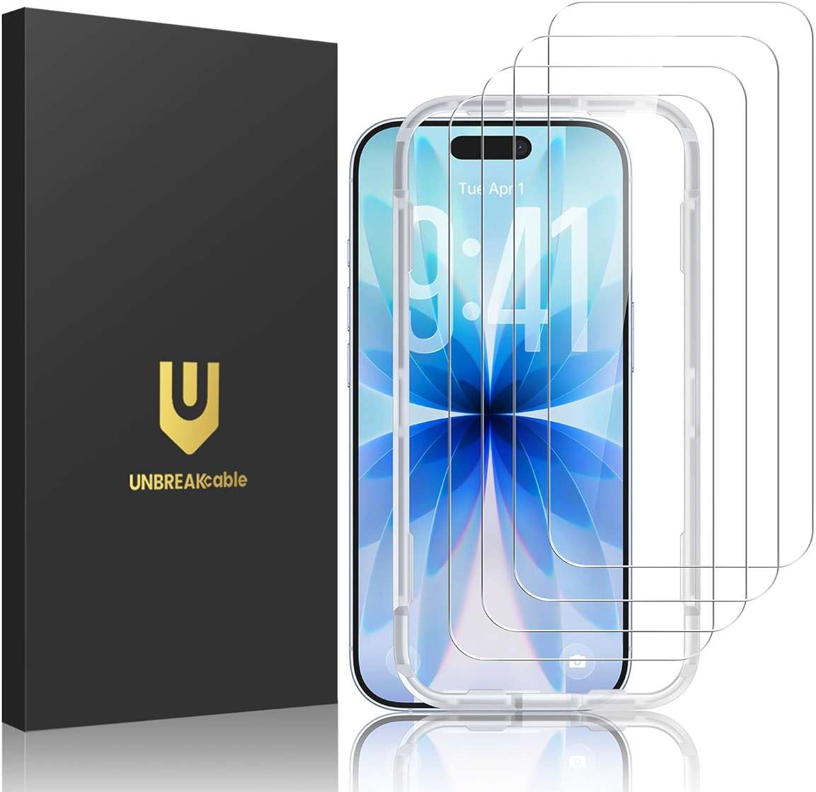 UNBREAKcable 4-Pack Screen Protector for iPhone 17, Double Shatterproof Tempered Glass [Easy Installation Frame] [9H Hardness] [99.99% HD Clear] [Case Friendly] for iPhone 6.3 inch - Image 1