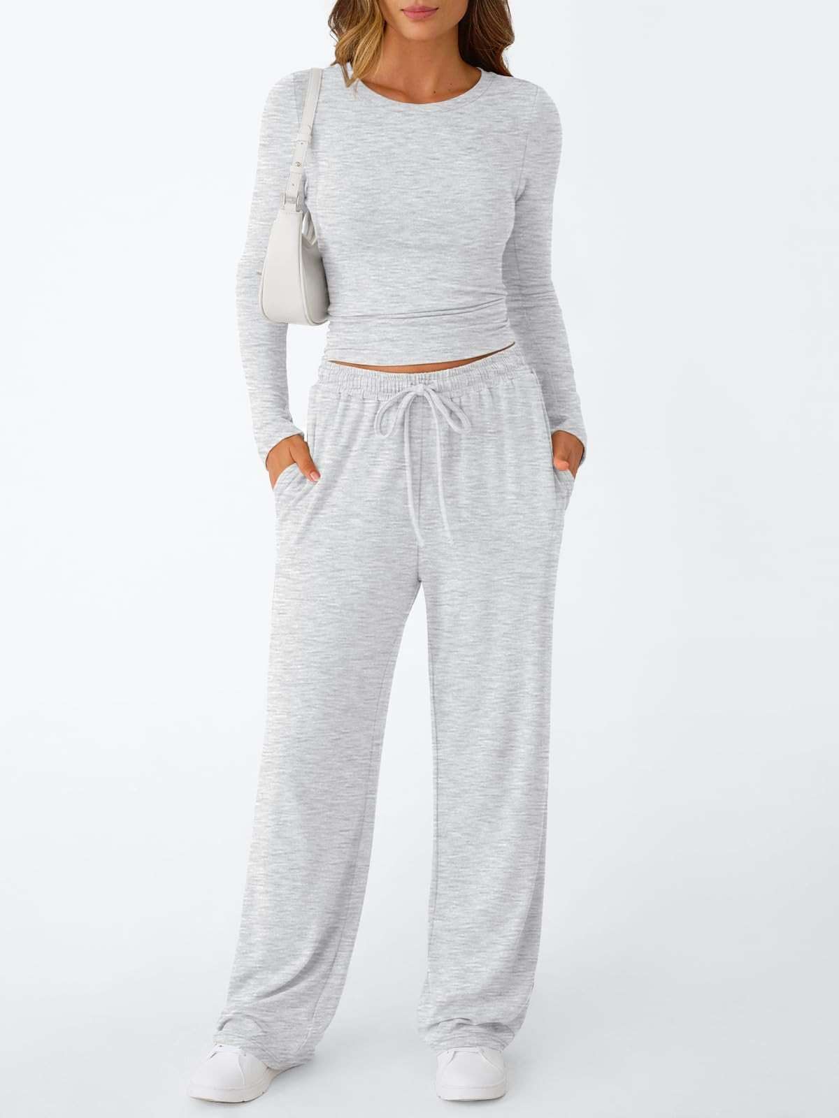 Trendy Queen Women's 2 Piece Matching Lounge Set Long Sleeve Side Ruching Top Wide Leg Drawstring Pants Set with Pockets - Image 2