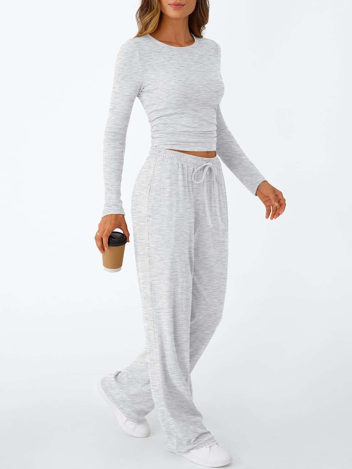 Trendy Queen Women's 2 Piece Matching Lounge Set Long Sleeve Side Ruching Top Wide Leg Drawstring Pants Set with Pockets - Image 3
