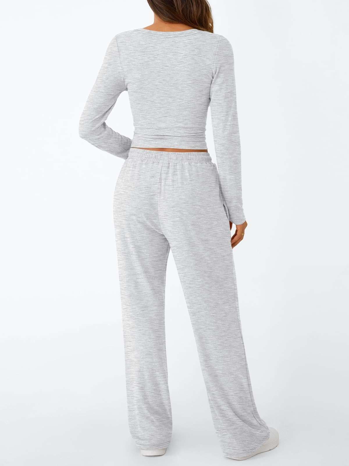 Trendy Queen Women's 2 Piece Matching Lounge Set Long Sleeve Side Ruching Top Wide Leg Drawstring Pants Set with Pockets - Image 4